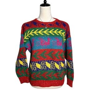 Vintage 90s EZ Spirit Petite Sweater Small Red Colorful Graphic Knit Grandpa